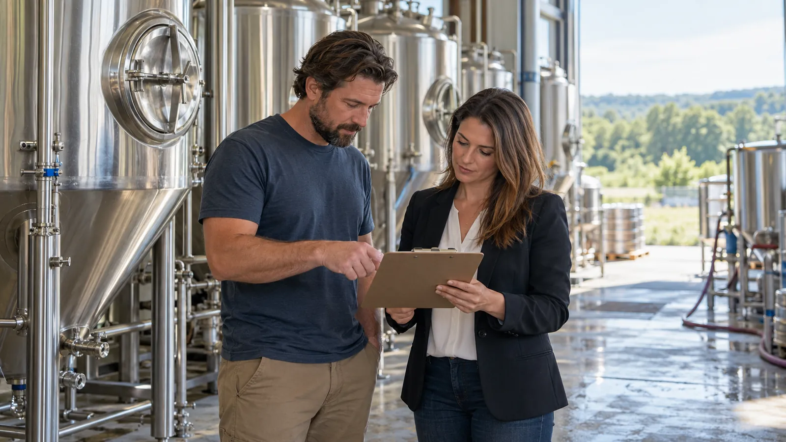 A brewery owner and a broker review production records beside stainless steel fermentation tanks