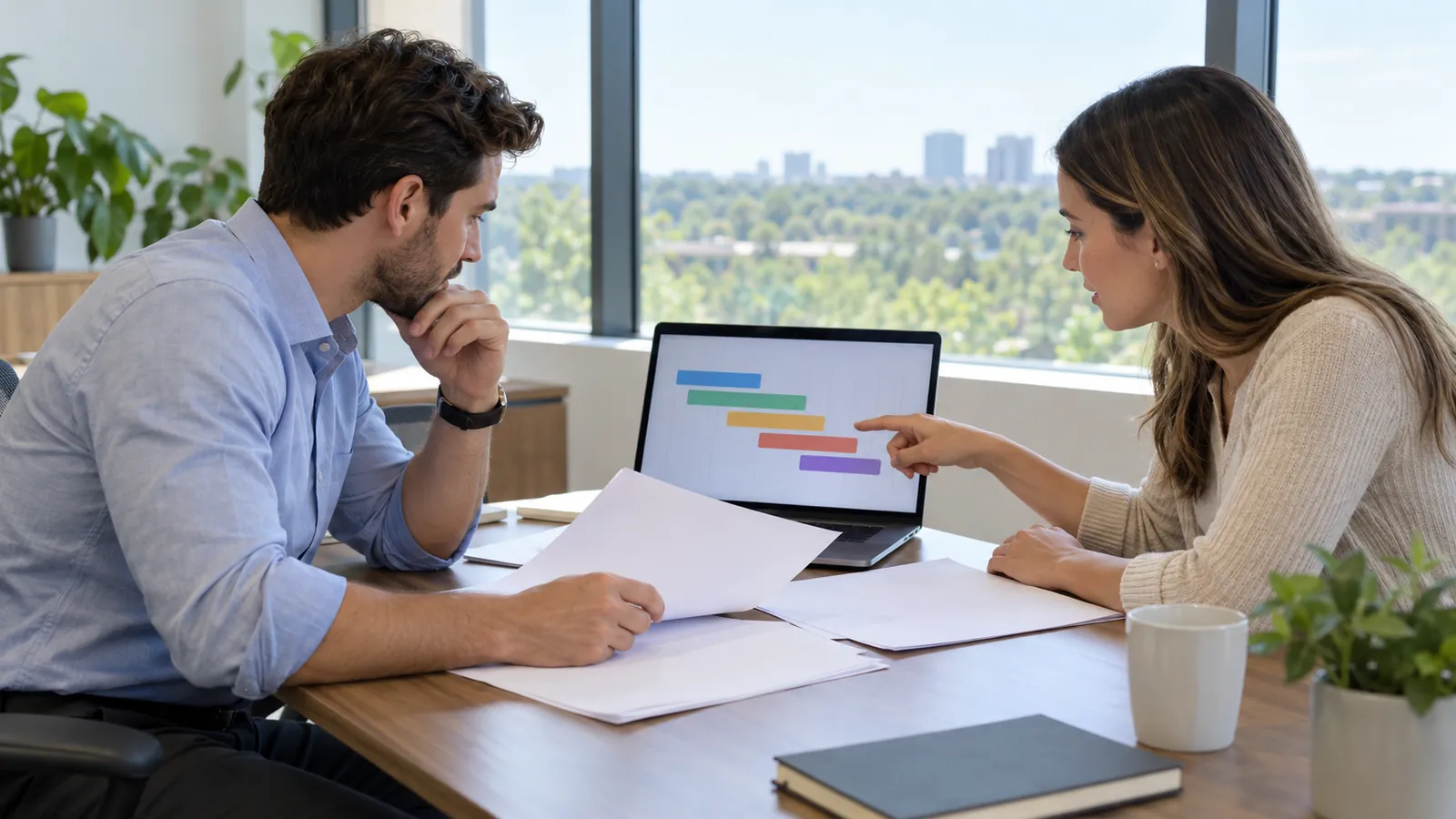 Two people in business casual review contract documents and a backlog chart on a laptop in a Raleigh office