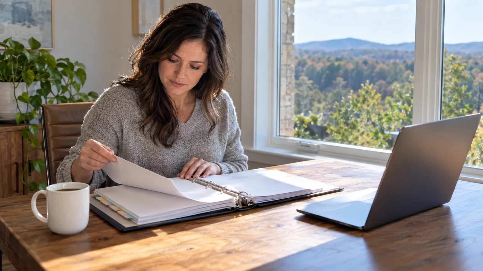 A business owner reviews a corporate records binder and a laptop at a desk by a window